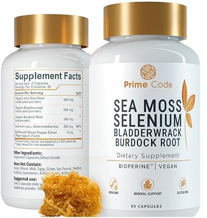 Prime Code Sea Moss Capsules with Selenium – 3-in-1 Blend with Bladderwrack & Burdock Root – Supports Immune Health & Daily Wellness – Vegan – 60 Capsules