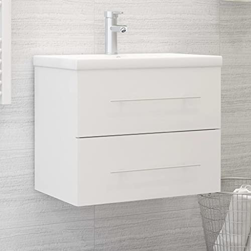 QJBSAVVA Mobile sottolavabo con lavabo da incasso, colore bianco, materiale in legno, 60 x 38,5 x 48 cm, robusto e moderno, con vasca in ceramica e troppopieno, per bagno, lavanderia