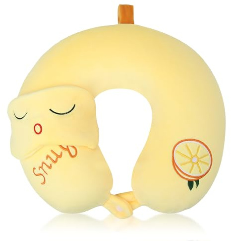 BEKKLPOU Oreiller en Forme De U De Dessin Animé, Coussin De Voyage Enfant, Livré avec Un Masque pour Les Yeux Et La Taie d'oreiller Est Amovible Et Lavable (Citron Jaune)