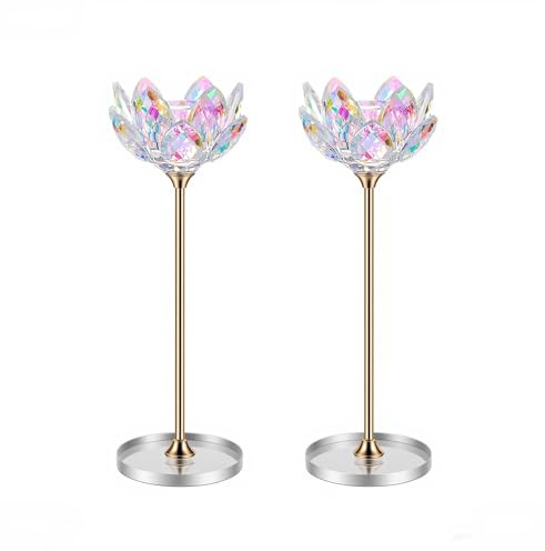 ZHYOCOGY Crystal Candle Holders with Gift Box, Lotus Flower Candlestick Holders with Mirror Base, Metal Stand, Elegant Table Centerpieces for Home Decor, Wedding, Party (Gold, 2Pcs, Taper candle)