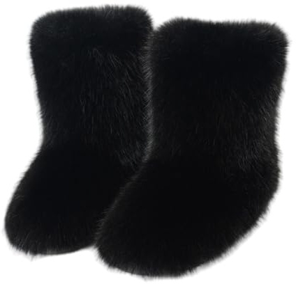 Furry Faux Fur Boots for Women Colourful Winter Warm Soft Plush Snow Boots Fuzzy Fluffy Round Toe Suede Flat Shoes Outdoor Indoor Mid-Calf Boot Black