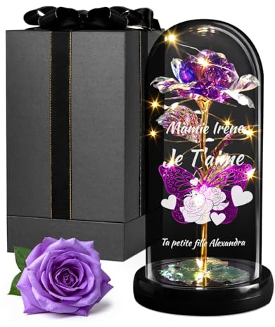Maverton Rose Eternelle sous Cloche en Verre avec Personnalisation | Fleur Eternelle Cadeau Personnalisé 21x11 avec Lumière LED, Idee Cadeau Femme Anniversaire pour Elle Maman Mamie, Mamie