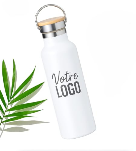 mabouteille.fr Gourde personnalisable Gravure Laser - Gourde isotherme 500ml Double Paroi avec Bouchon Bambou [Bouteille isotherme 500ml] (Blanche)