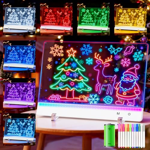Tablero de dibujo LED Regulable pizarra acrílica brillante LED con 7 colores con bolígrafo de 12 colores, pizarra de escritura, borrable, bloc de notas, pizarra para escribir notas, 35 x 25 cm