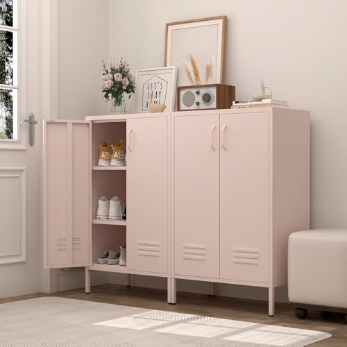 GREATMEET Metall-Lagerungsschrank, Lagerungsschrank mit rosa Akzenten, metallene Speisekammer-Schränke mit Türen, Lagerungsschrank für Wohnzimmer, Küche, Büro