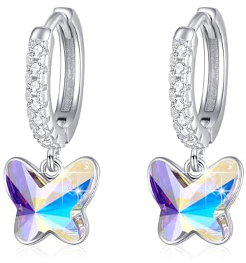 REDSUN S925 Sterling Silber Schmetterling Creolen Ohrringe Mädchen Kinder, Blau/Pink/Lila Kristall/Opal Tropfen Ohrhänger mit Zirkonia Schmetterling Schmuck für Damen Kinder Weihnachts