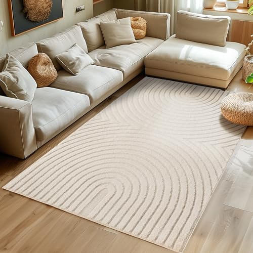SIMPEX Vardagsrumsmatta 140x200 cm Krämfärg Långlugg Scandi Boho Design Hög-Låg Effekt Mjuk Shaggy Fluffig Hållbar Lättskött Modern för Sovrum