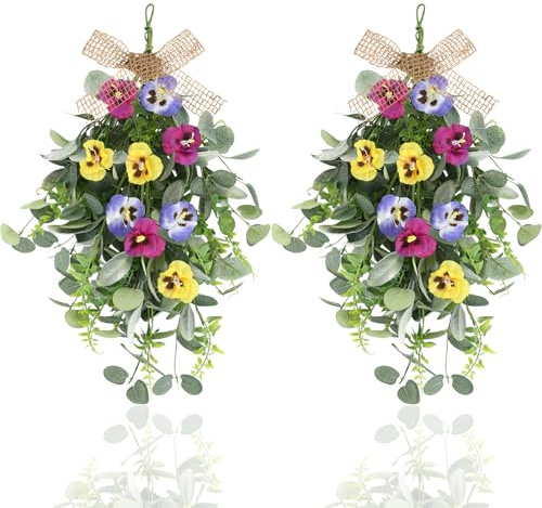 22 Spring Wreaths for Front Door 2 PCS Pansy Teardrop Swag Summer Wreaths with Pansy Flowers,Flocked Lamb Ear Leaves,Eucalyptus Leaves,Fern Branches for Front Door Indoor Outdoor Farmhouse