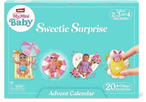 My Mini Baby Advent Calendar, de ZURU. 2 muñecas exclusivas y más de 20 accesorios coleccionables. Un calendario de adviento de miniaturas navideñas para niñas y coleccionistas de muñecas