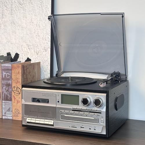 Giradischi in vinile Bluetooth 10 in 1, lettore CD, supporto 33/45/78/velocità, altoparlanti integrati, pannello di controllo multifunzionale, per intrattenimento/ufficio/camera da letto