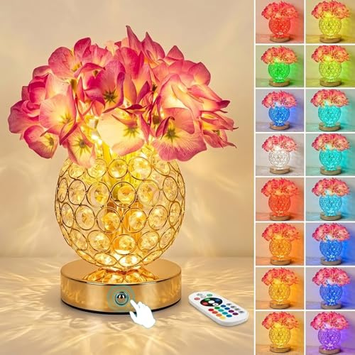 Wekity Table Tulip Flower Lamps,16 Colors Touch Stepless Dimming Crystal Night Light with Remote, Rechargeable Artificial Flower Light, LED Flower with Vase Lamp Romantic Decor (Hydrangea)