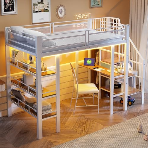 Xwiny Kinderbett 90x200 cm LED-Lichtleiste und Schreibtisch, Hochbett mit Treppe Stauraum(montierbar Links/rechts) und Mehrstöckiges Stauraumregal, Weiß(Ohne Matratze)