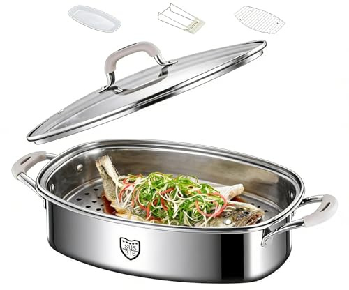 Vaporera De Acero Inoxidable para Pescado, Olla Vaporera ElíPtica, Cacerola para Cocinar Pescado Al Vapor, Hervir Sopa, Especial(Silver)