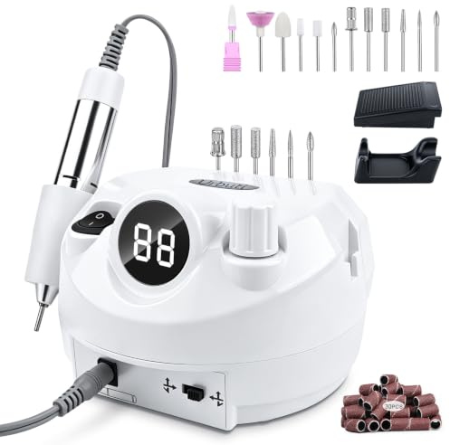 Urbuti Elektrischer Nagelfeile Nagelfräser für Gelnägel mit Fußsteuerung, 45000 U/min Nagelfräser Professioneller mit Multifunktionale Basis, Maniküre Pediküre Set mit Digitalanzeige