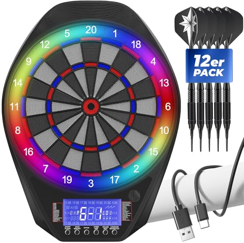Dartscheibe Elektronisch mit LED-Lichtmodi, Automatische Punktzählung LCD, 34 Spiele & 72 Varianten, Soft/Steeldart geeignet, Komplettset mit 12 Pfeilen + 100 Ersatzspitzen, Type-C Aufladung