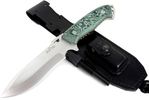 JEO-TEC Nº43 Cuchillo de hoja fija para supervivencia caza monte bushcraft camping outdoor campo - Funda de piel con pedernal y piedra afilar incluidos - Acero MOVA 58 - Fabricado en España