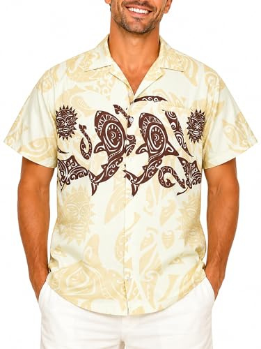 King Kameha Funky Camisa-Hawaiana, Manga-Corta, Maori-Chest, Beige, 3XL