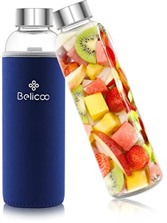 BELICOO BPA-Free Glass Water Bottle 550ml/18oz Borosilicate Leak Proof Portable for School Office Home Travel Sport with Neoprene Carrying Sleeve and Nylon Bottle Brush (Sapphire)