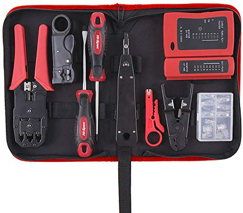 Network Cable Testing, 19pcs Ethernet Network Tool Kit Remote LED Continuity Test Box, Screwdrivers, Cutters & Strippers, Crimper & Krone Punch Down Tool with Tool Bag