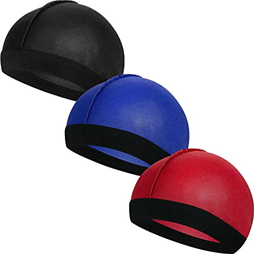 Syhood 3 Pieces Kids Satin Wave Caps Set Unisex Kid Beanie Cap 360 Wave Wide Strap Skull Caps(Black, Royal Blue, Red)