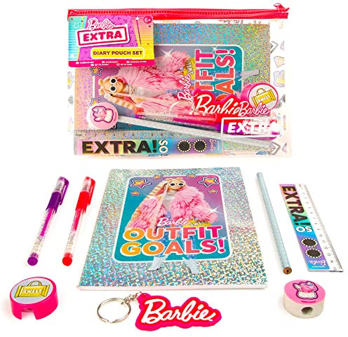 Barbie Extra Diary Pouch Set | Stationery Set for Girls | Includes Notebook, Glitter Gel Pens, Mini Ruler & Keyring | Cute Accessories for School, Travel & Gifts |