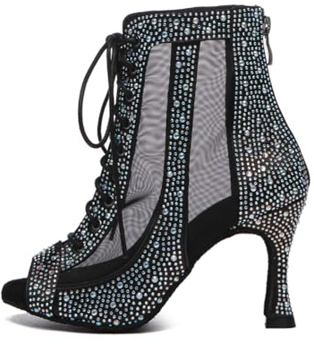 RUYBOZRY Scarpe da Ballo Latino Donna Punta Aperta Stivali da Ballo Salsa Strass,YCL551-Black-7.5,EU40