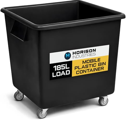 Horison Industries Mobile Bottle Plastic Bin, Black, 185L, 670x620x615mm | Trolley On Wheels, Glass, Recycling Bins, Bottle Skips for Home Bar, Outdoor Bars & Hotels, Heavy Duty Plastic Storage Boxes