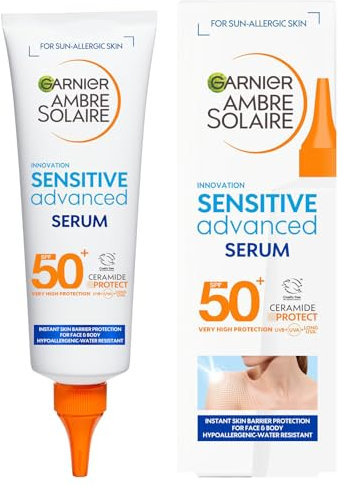 Garnier Ambre Solaire SPF 50+ Sun Protection Serum Face & Body, Non-Sticky, Non-Greasy Fluid Texture, No White Cast, Sensitive Advanced, 125 ml