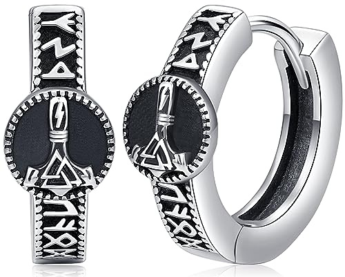 Wikinger Creolen Ohrringe Herren Wikinger Rune Creolen Silber 925 Schwarz Thors Hammer Ohrringe Norse Wikinger Ohrschmuck für Herren Männer