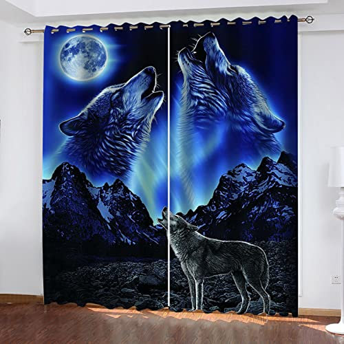 Blickdichte Vorhänge Mit Motiv 3D Blaues Tier Wolf Kinder Gardinen Blickdicht Ösen Gardine Thermo 264x214 cm Schlafzimmer Kinderzimmer Vorhänge Dekoratives Muster, Verdunklungsvorhänge