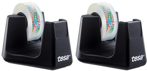 tesa Easy Cut SMART Klebebandabroller für Tische/Kompakter Tischabroller mit Anti-Rutsch-Technologie für Klebefilm, inkl 1 Rolle tesafilm Eco & Clear (Packung mit 2)