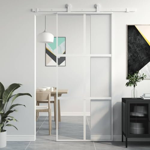 Gecheer Porta,Scorrevole,Kit Montaggio,in Vetro ESG e Alluminio,Bianco e Trasparente,90x205 cm,con Griglie 3x2,Porte Sorrevoli,Porta Scorrevole in Vetro e Alluminio