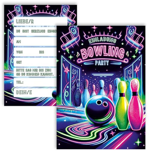 10x Kinder Einladungskarten Einladung Kindergeburtstag Bowling A6 Doppelseitig Neon Blau Grün Lila Rosa Party Spiel Geburtstag Einschulung Einladungen Geburtstagsparty Geburtstagseinladungen
