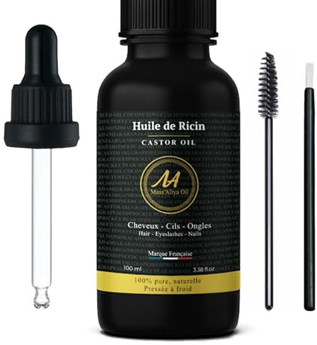 Huile de ricin 100% pure Mass Aliya Oil 100 ML-Pipette,brosse à cils&pinceau ongles.Nourrit et favorise la croissance des cheveux,poils,cils,sourcils,ongles.Hydrate les cuticules.Soin complet