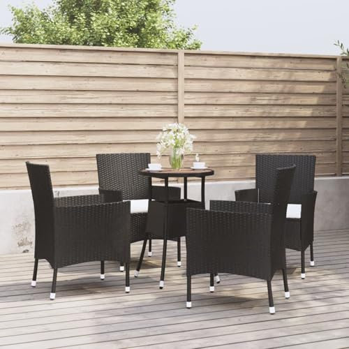 JUDYY 5-TLG. Garten-Bistro-Set mit Kissen Schwarz Poly Rattan Bierzeltgarnitur, Gartenbar, Biertisch Bierbänke, Essgruppe, Gartenmöbel Set, Balkonmöbel, 3187433