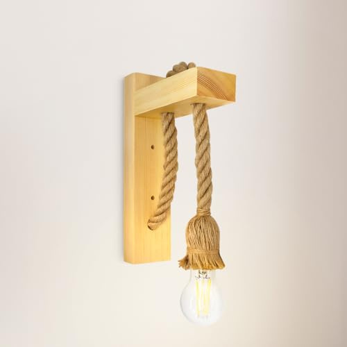 YLTLINK Rustikale Wandlampe Holz mit Seil - Vintage Wandleuchte E27 Retro Flur Lampe Wand 、Treppenhaus Beleuchtung、 Flurlicht
