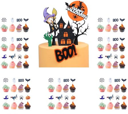54 Pezzi Decorazioni Torta Halloween, Cake Topper Con Zucca, Pipistrello, Fantasma e Ragno - Perfetto per Feste di Bambini e Celebrazioni (Halloween-B)