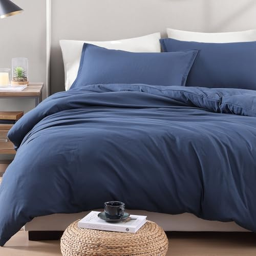 LANE LINEN 4-Piece Double Bedding Set - Pre-Washed Microfiber Duvet Cover, Fitted Sheet, and Pillowcase – Cozy and Durable (Navy)