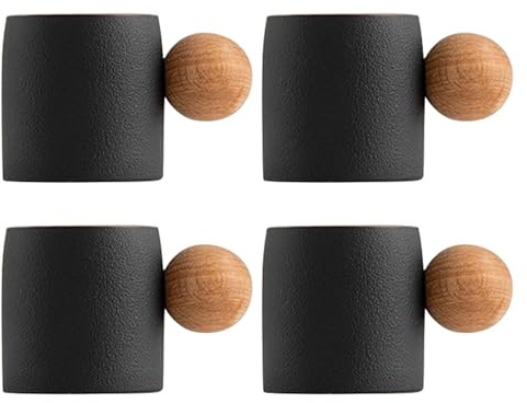 Set di 2 o 4 tazzine da caffè in ceramica da 70,9 g con manico in legno, tazze da caffè o tè (4 manici rotondi neri)