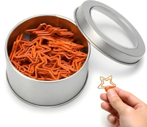 Baxnore 50 Stück Büroklammern mit Metallbox, Orange Fünfzackige Sternform Briefklammern für Büro, Schule und Zuhause, Papierklammern zum Ordnen von Dokumenten und Zeichenpapieren
