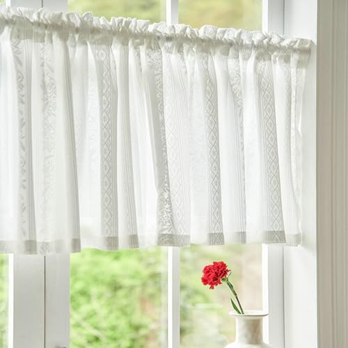 Skcess Rideau brise-bise moderne - Court - Blanc - Motif géométrique - Rideau de bistrot - Polyester et coton - Translucide - 100 x 100 cm