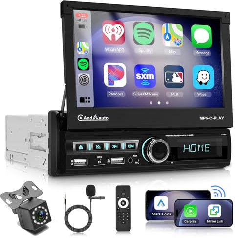 Autoradio 1 Din con Schermo a Scomparsa con Senza Fili Carplay Android Auto, Hodozzy Motorizzato Schermo 7 Pollici 1 Din Stereo Auto con Bluetooth, Mirror Link, EQ, USB/AUX, FM Radio+ Telecamera