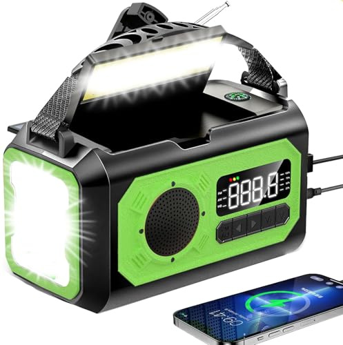 12000mAh Emergency Weather Radio, Hand Crank AM Radio Portable, Solar Rechargeable Battery Powered Radio with USB-C Charger & Adapter, SOS Alert Flashlight for Home Outdoor