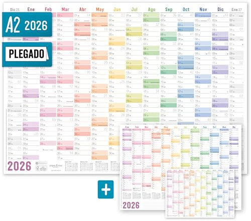 Häfft® väggkalender 2026 A2 på spanska Rainbow (59,4 x 42 cm) vikt, väggkalender med spanska helgdagar + extra A3 & A4 kalender - hållbar & klimatvänlig