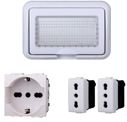 Kit Placca Scatola 504 IP55, 4 Moduli 1 Presa Schuko P40 + 2 Prese Bipasso, Compatibile Con Bticino Living, Colore Bianco, Placca Stagna Idrobox Incasso Da Esterno