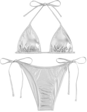 Metallisk bikini för kvinnor, tvådelad, sexig trekantig, hög skärning, stringkalsonger, baddräkt med string, halterneck, toppar, badmode, Silverslips, L