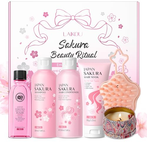 LAIKOU Sakura Hair Care Set, 6PCS Unique Self Care Package, Shampoo, Conditioner, Hair Mask, Argan Oil Serum, Scalp Brush & Scented Candle, Christmas Birthday Pamper Gifts for Women Teenage Girl