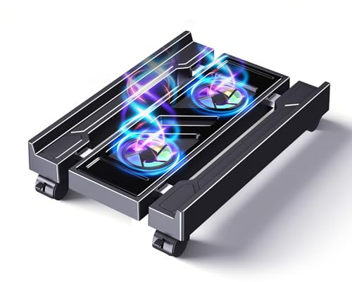 Hovadova Adjustable Computer Tower Stand with Cooler Fan and Light, PC Stand for Floor, Mobile CPU Holder with 4 Caster Wheels Fits Most PC Tower, Under Desk CPU Holder for Office,Gamers and Students