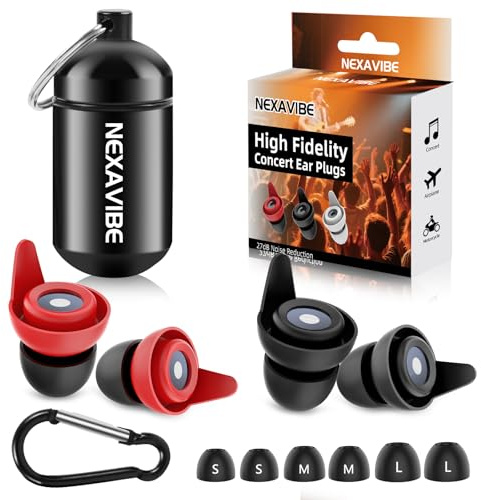 NEXAVIBE High Fidelity Concert Ear Plugs - 27dB Noise Reduction,2-Pair Reusable Silicone 3 Sizes (S/M/L), Ergonomic Secure Fit & Aluminum Case for Festivals, Live Music, Sports, Motorcycle, Travel