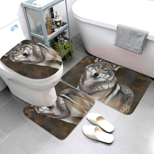 Alfombra De Baño De 3 Piezas Lobo Gris Salvaje Salvaje Juego De Alfombrillas De Baño Absorbentes por Encargo Alfombras De Cama, para Dormitorio, Cocina, Bathroom